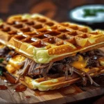 Bourbon-Maple Brisket Grilled Cheese Waffle Sandwich