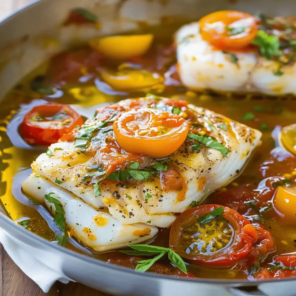 Pan-Seared Cod in White Wine Tomato Basil Sauce
