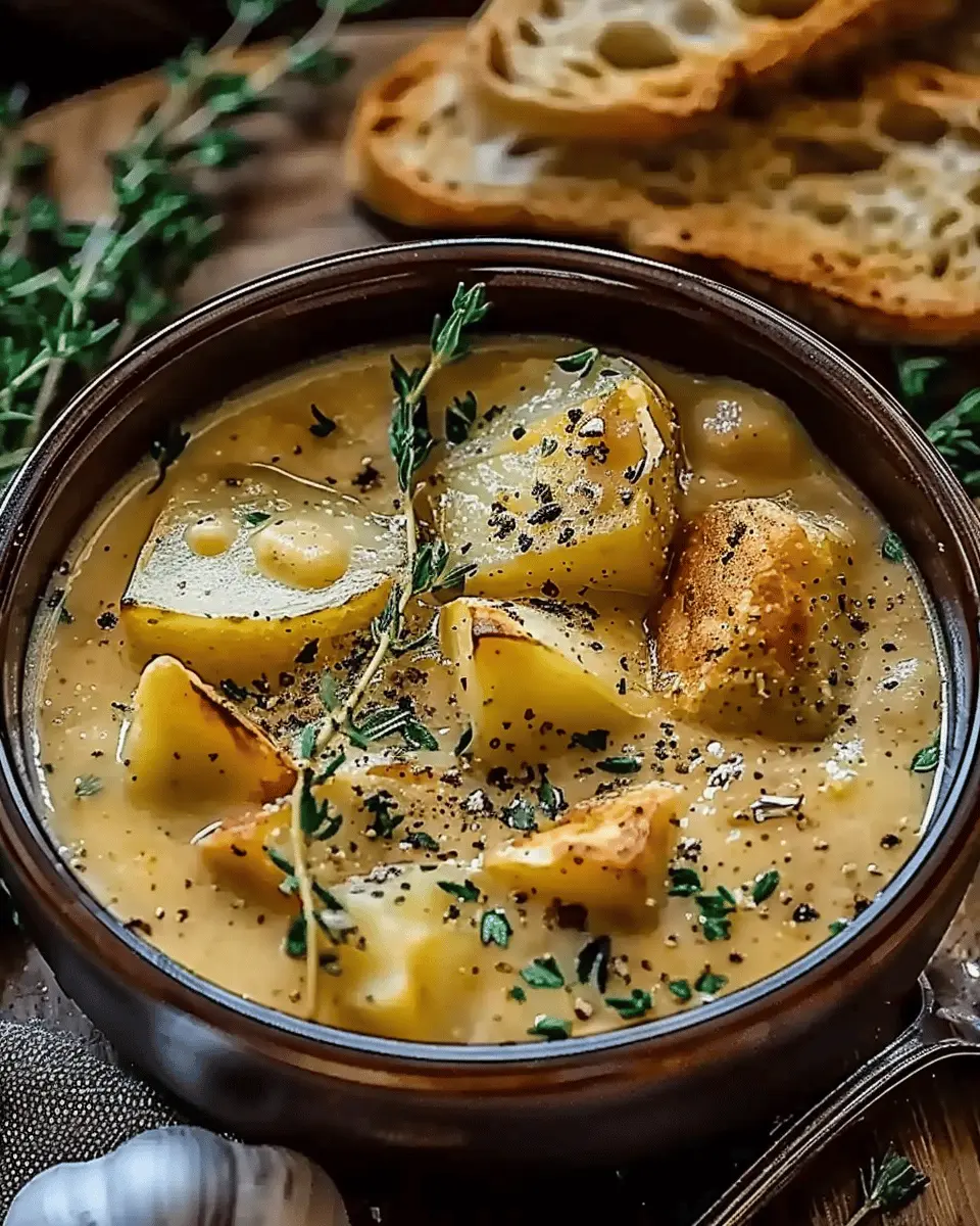 Hearty Cheddar Garlic Herb Potato Soup Recipe with Turkey Bacon