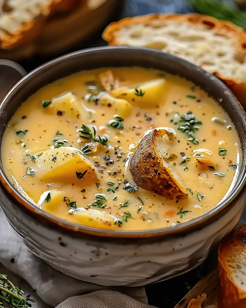 Hearty Cheddar Garlic Herb Potato Soup Recipe with Savory Turkey Bacon