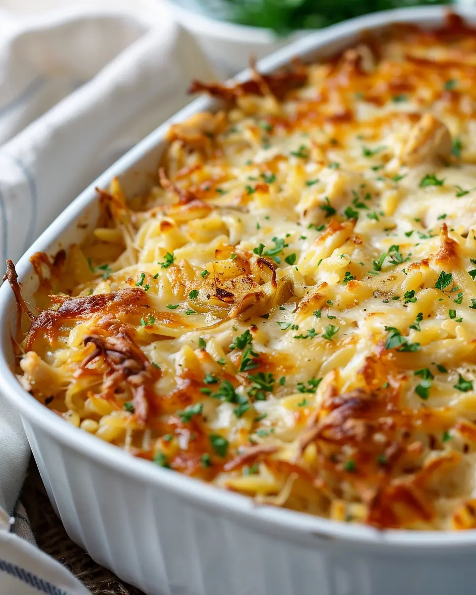 French Onion Chicken Orzo Casserole