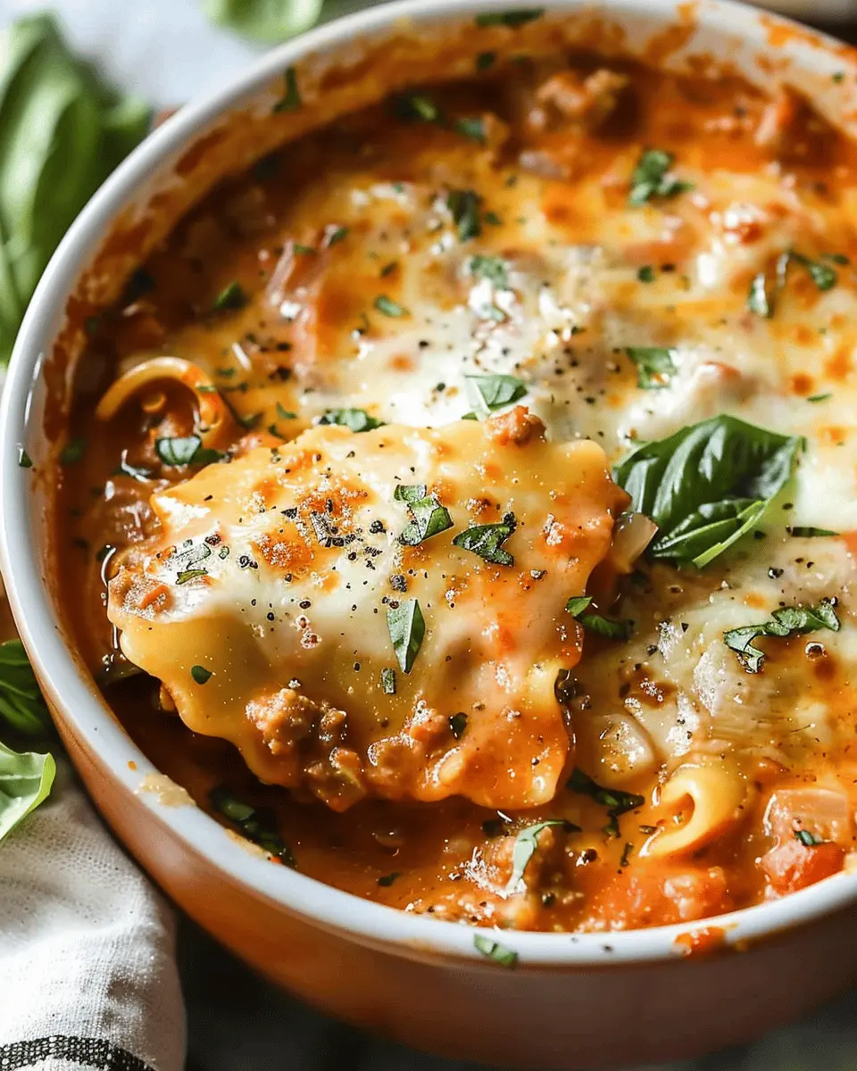 Easy Creamy Lasagna Soup with Turkey Bacon and Chicken Ham Delight