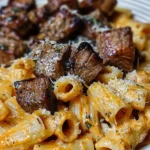 Cajun Steak Tips in Cheesy Rigatoni Parmesan Sauce