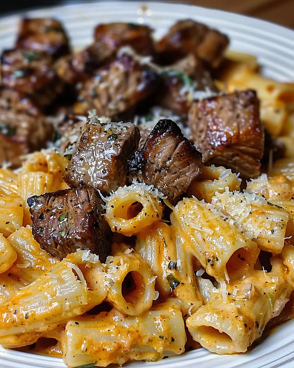 Cajun Steak Tips in Cheesy Rigatoni Parmesan Sauce